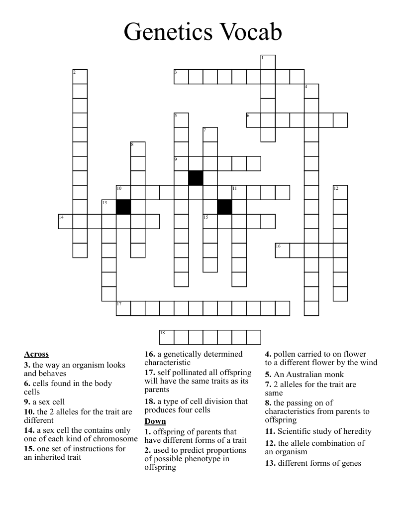 Genetics Vocab Crossword WordMint