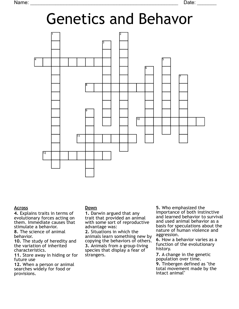 Genetics and Behavor Crossword