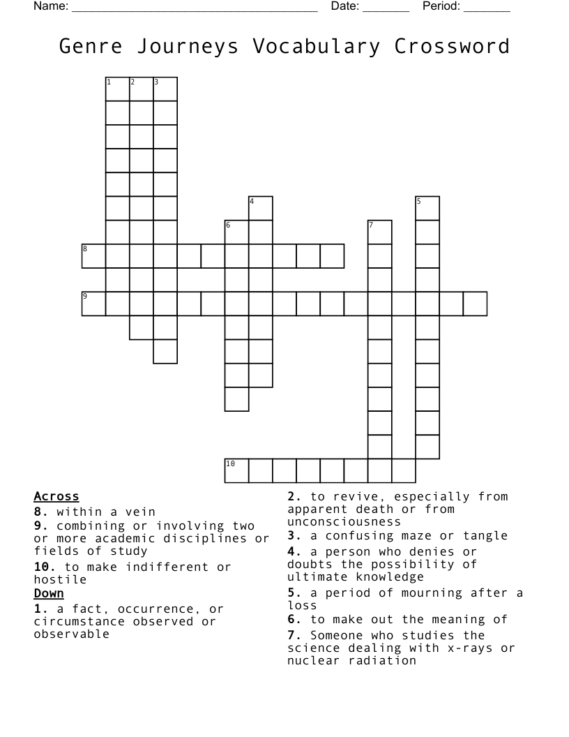 Genre Journeys Vocabulary Crossword - WordMint
