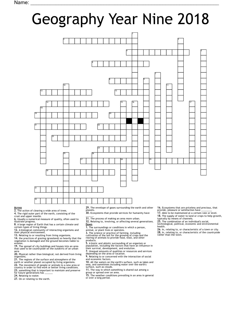 Geography Year Nine 2018 Crossword