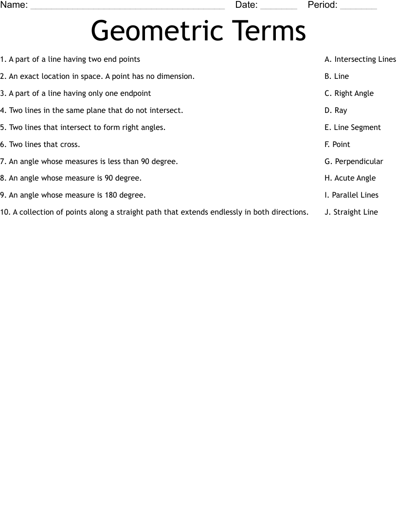 Geometric Terms Worksheet WordMint