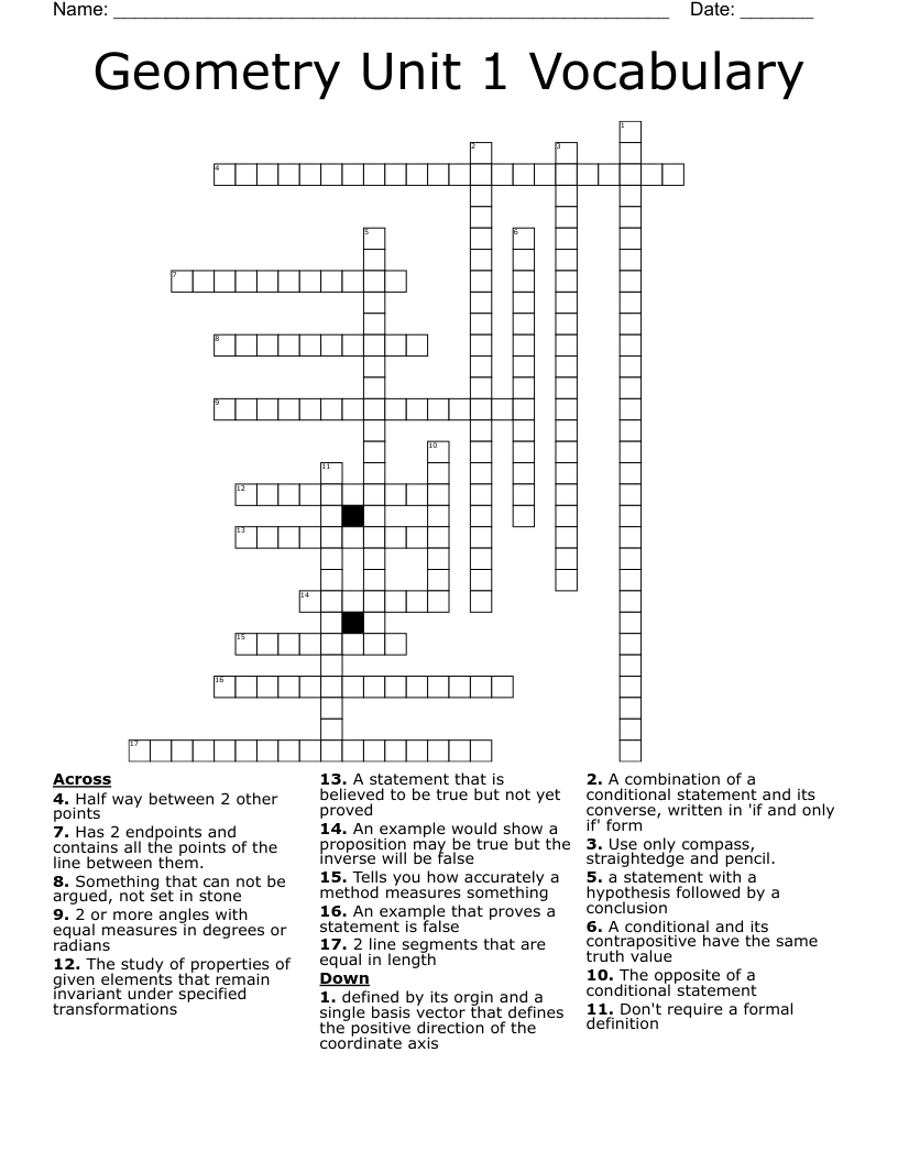 Geometry Unit 1 Vocabulary Crossword WordMint