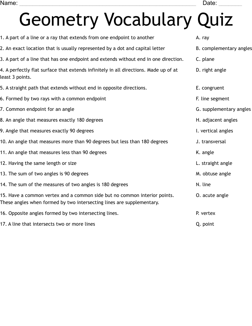 Geometry Vocabulary Quiz Worksheet - WordMint