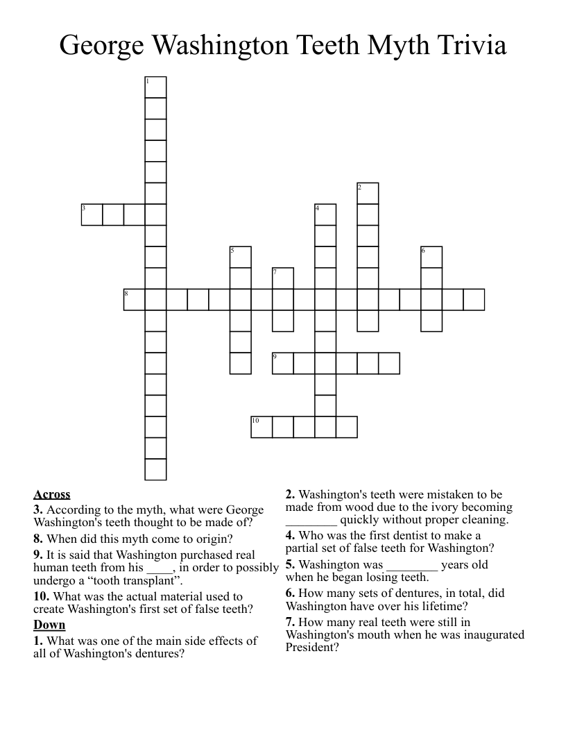 George Washington Teeth Myth Trivia Crossword