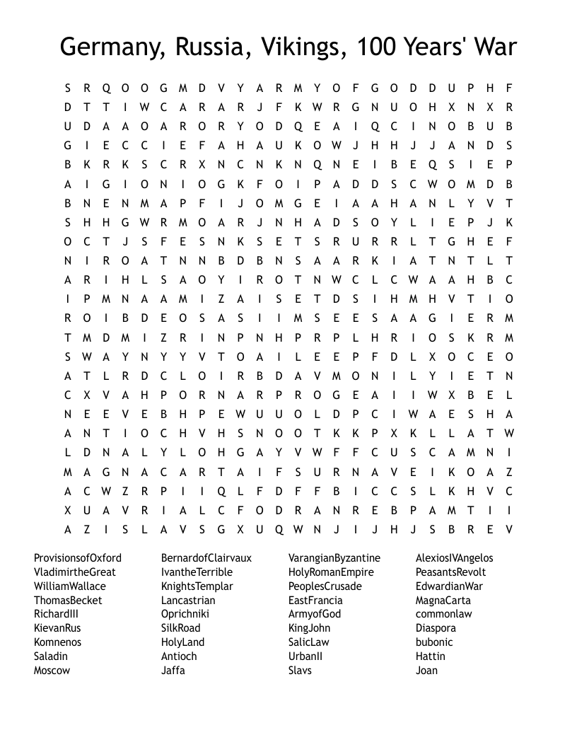 Germany, Russia, Vikings, 100 Years' War Word Search