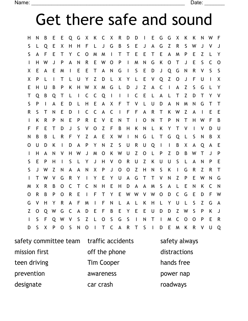 Get there safe and sound Word Search