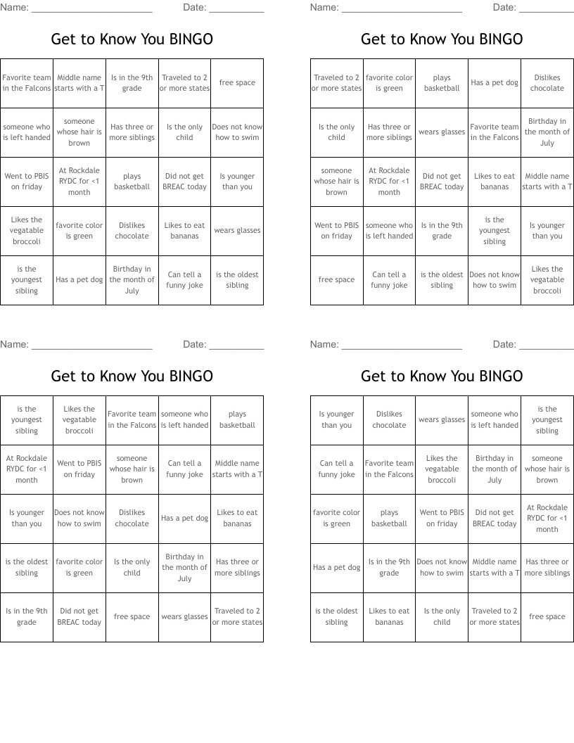 Get to Know You BINGO