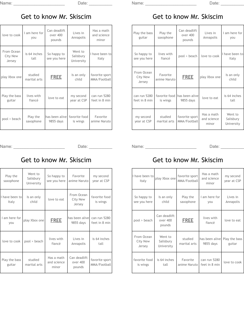Get to know Mr. Skiscim Bingo Cards