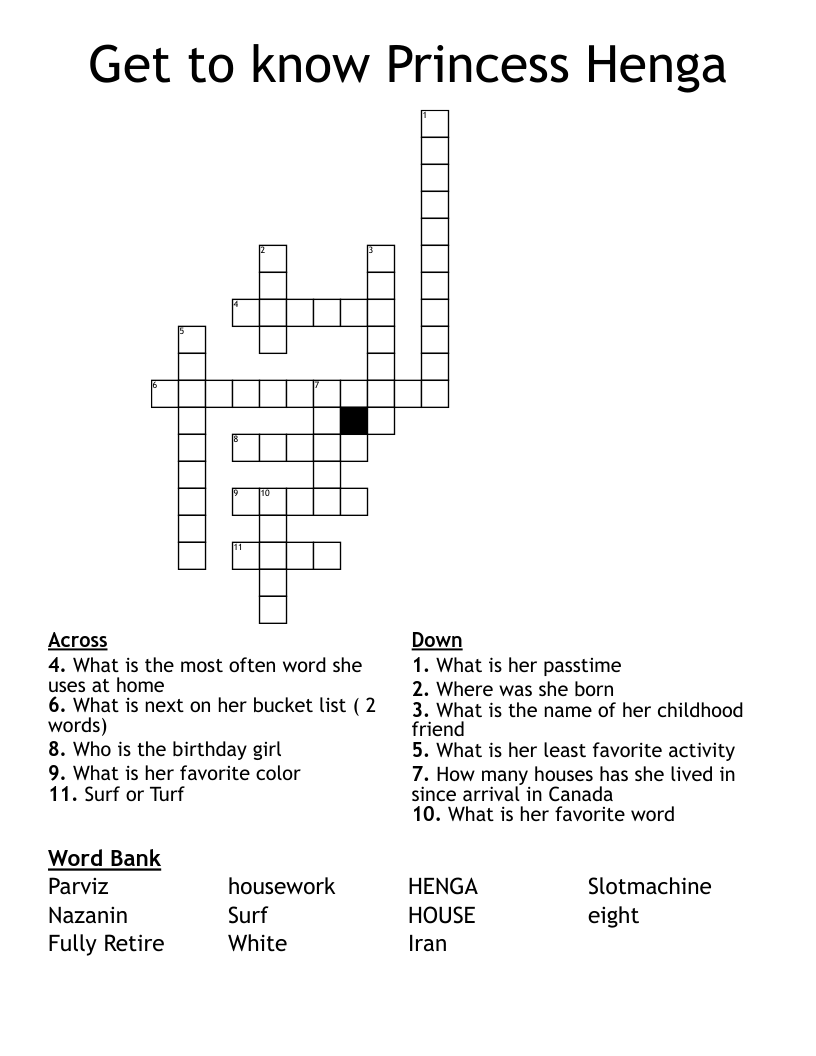 Get to know Princess Henga Crossword