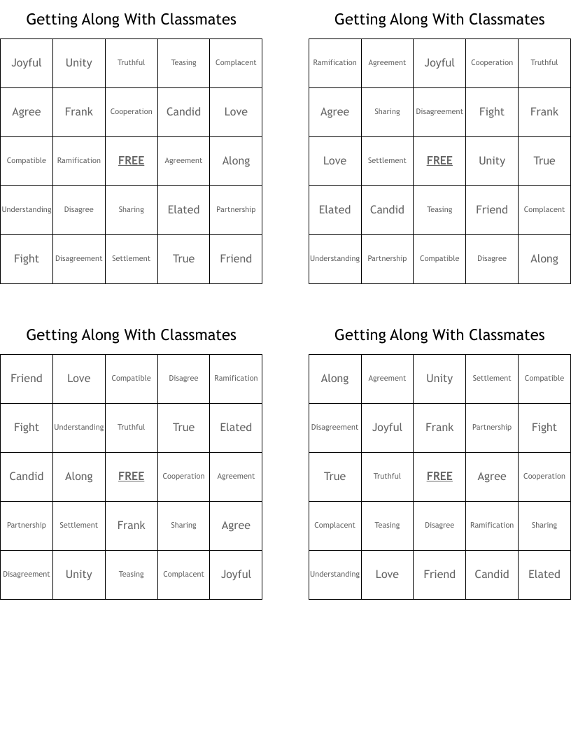 Getting Along With Classmates Bingo Cards