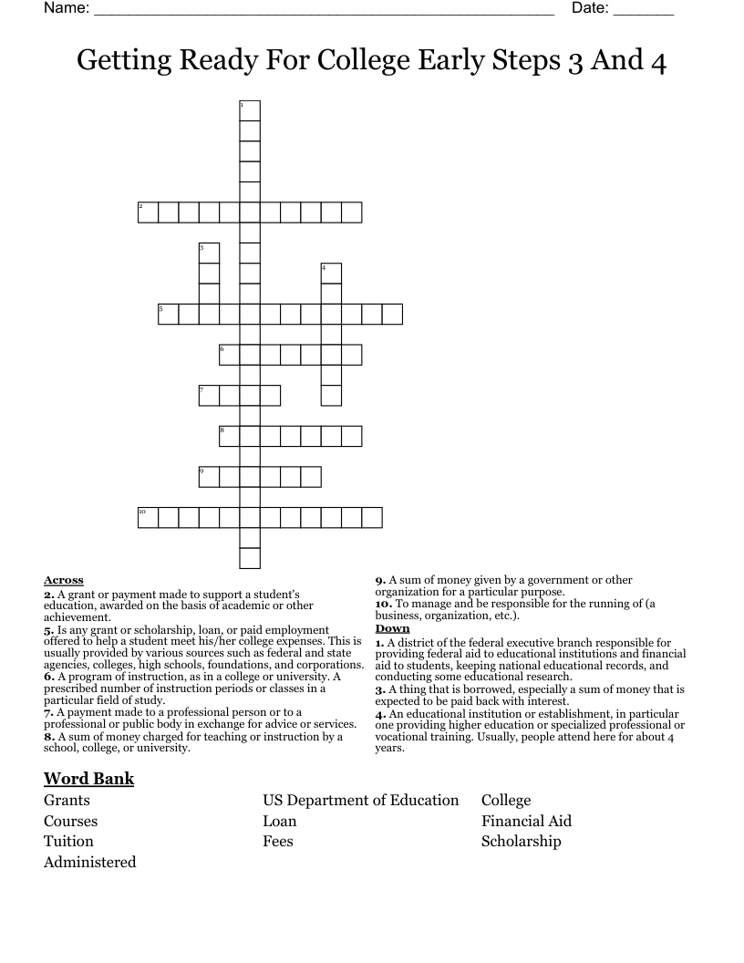 Getting Ready For College Early Steps 3 And 4 Crossword
