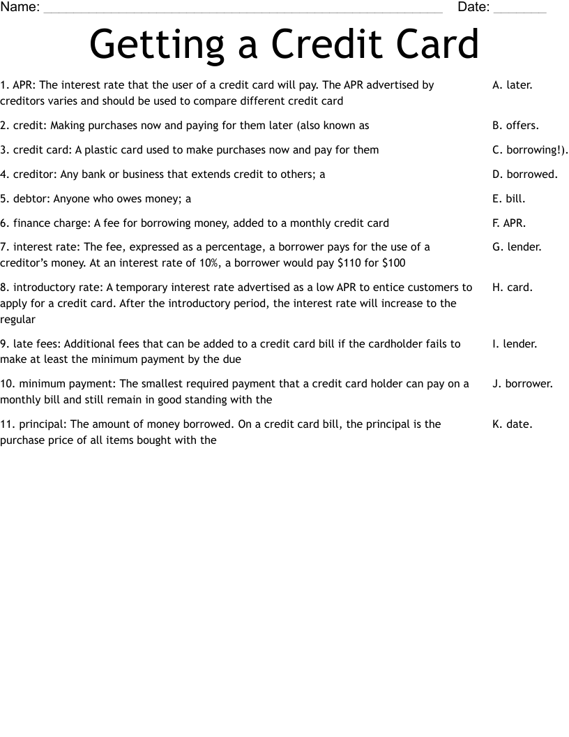 Getting A Credit Card Worksheet WordMint