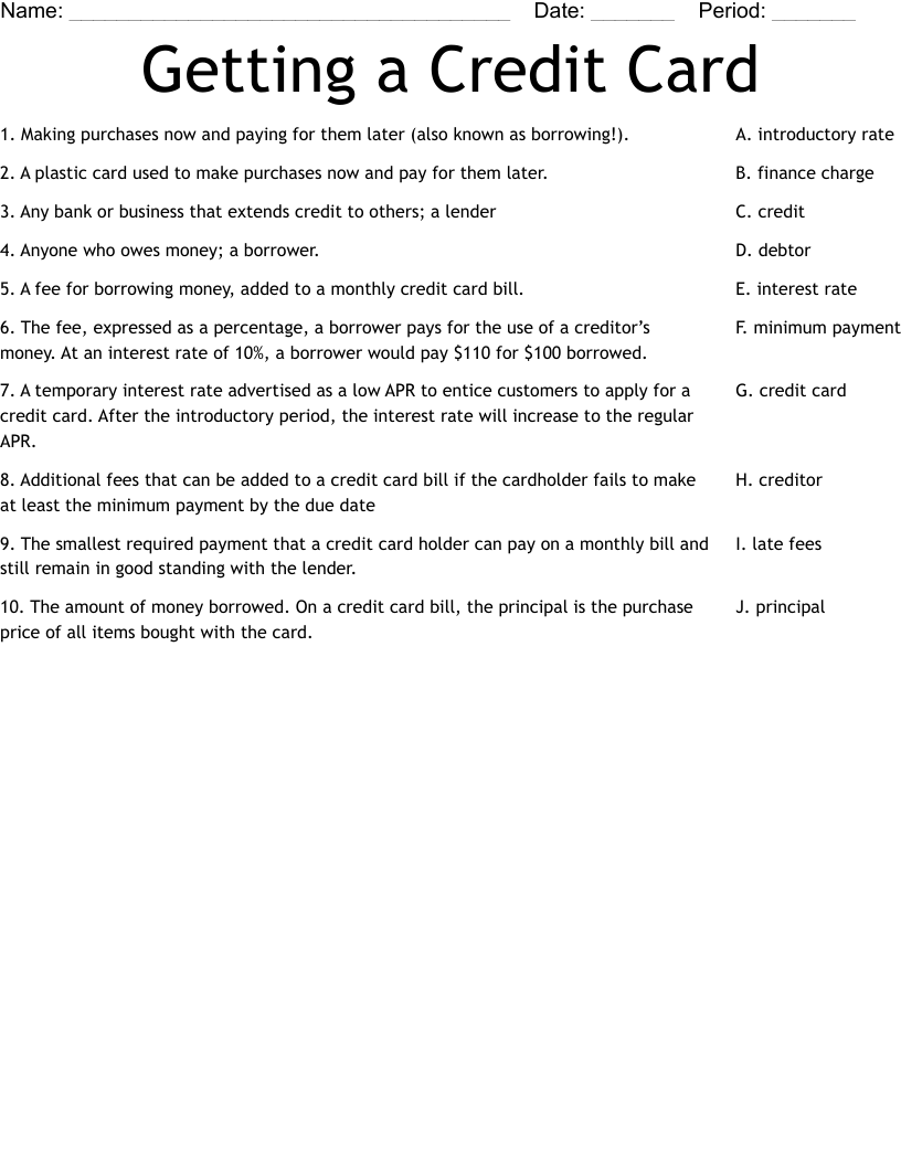Getting a Credit Card Worksheet - WordMint