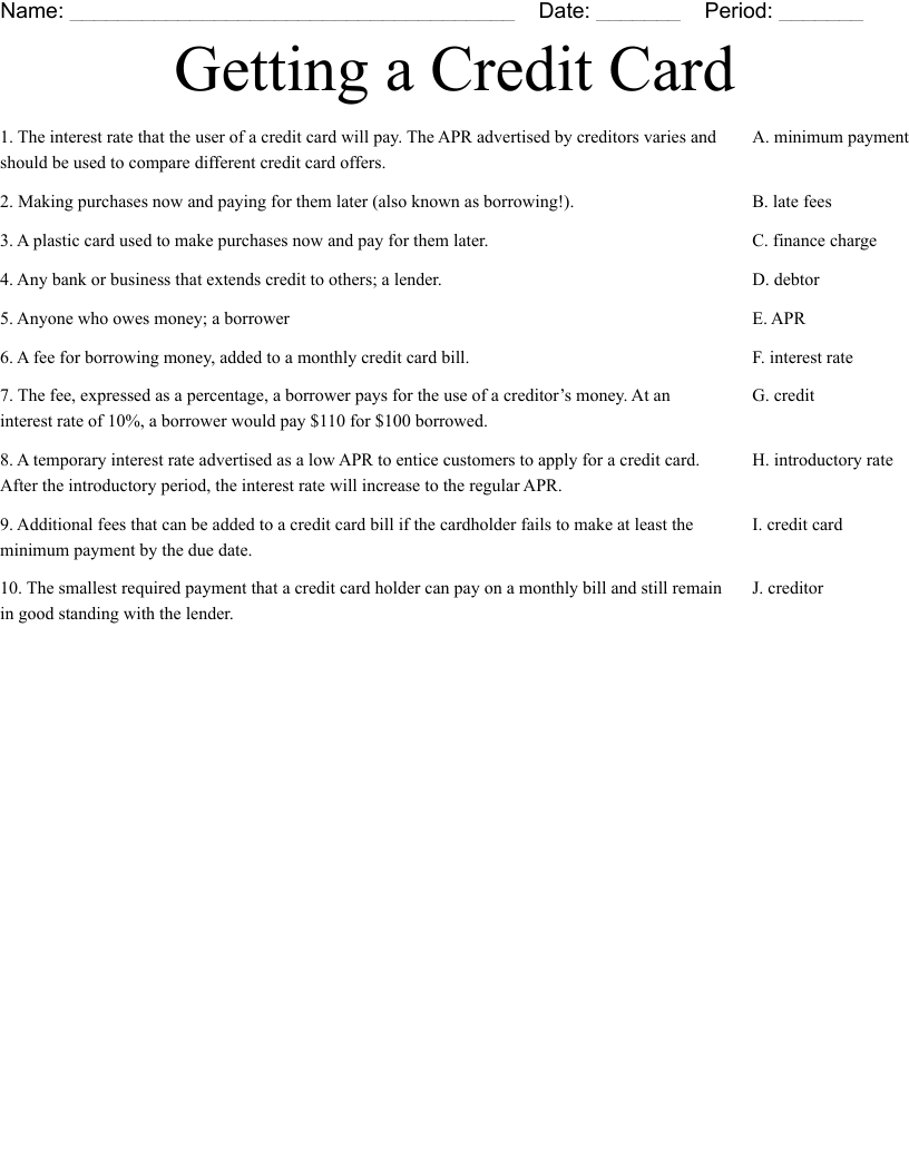 Getting A Credit Card Worksheet WordMint