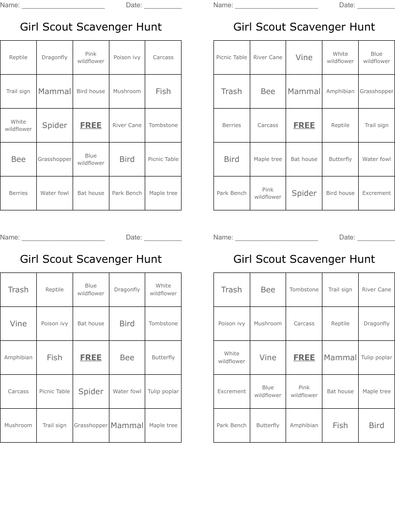 Girl Scout Scavenger Hunt Bingo Cards WordMint