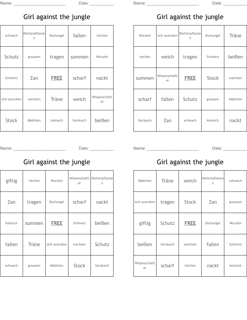 Girl against the jungle Bingo Cards