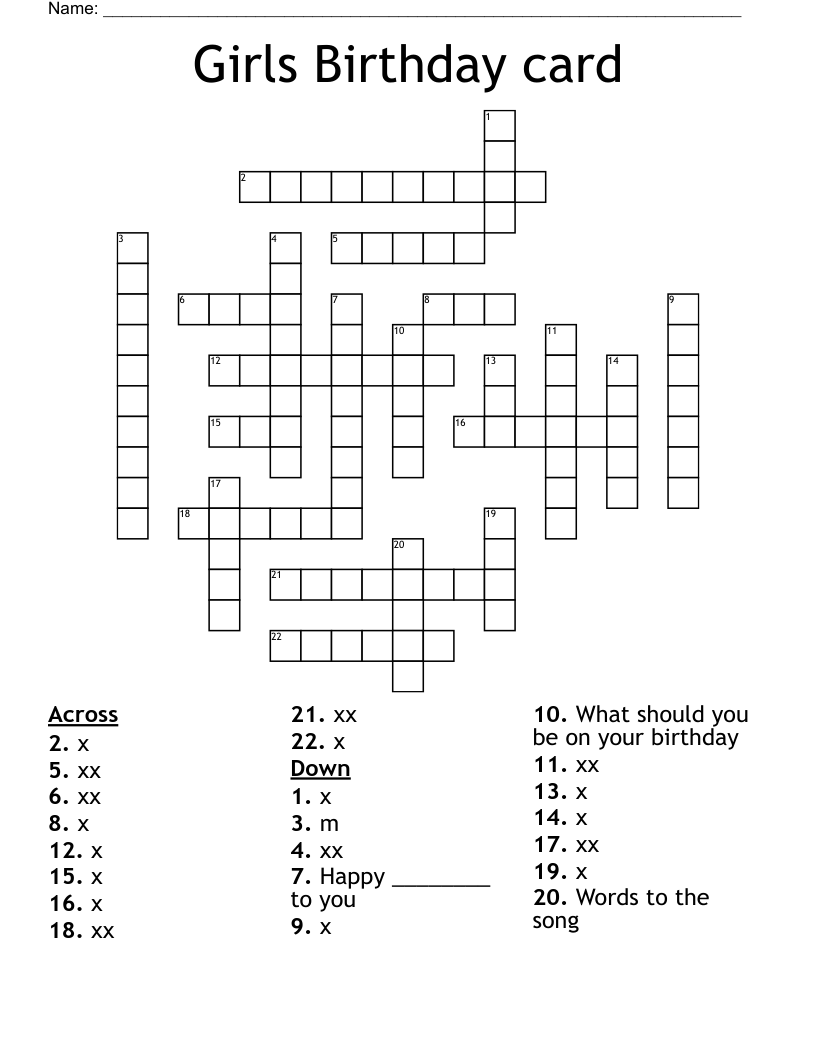 Girls Birthday card Crossword