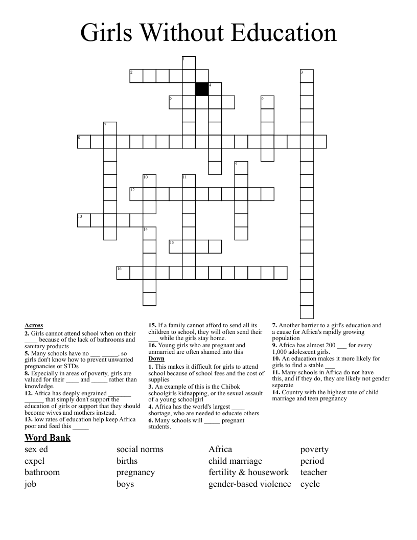 Girls Without Education Crossword