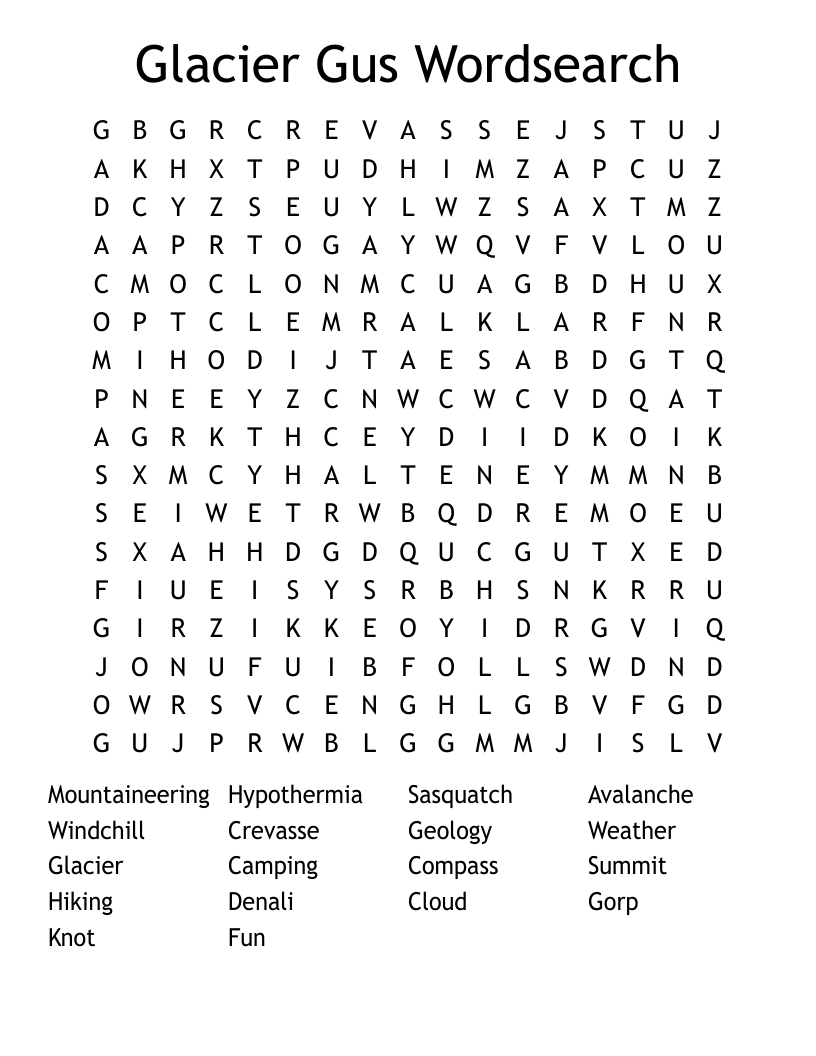 Glacier Gus Wordsearch
