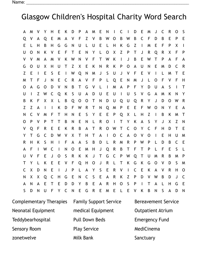 Glasgow Children's Hospital Charity Word Search