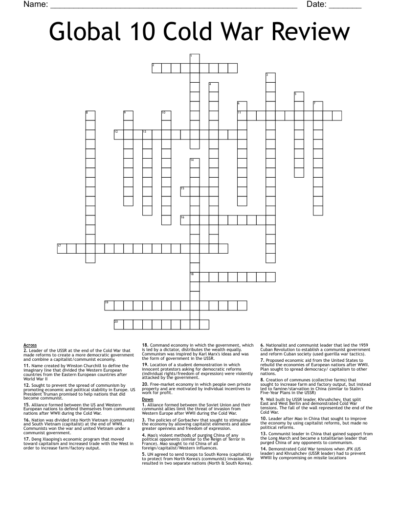 Global 10 Cold War Review Crossword WordMint