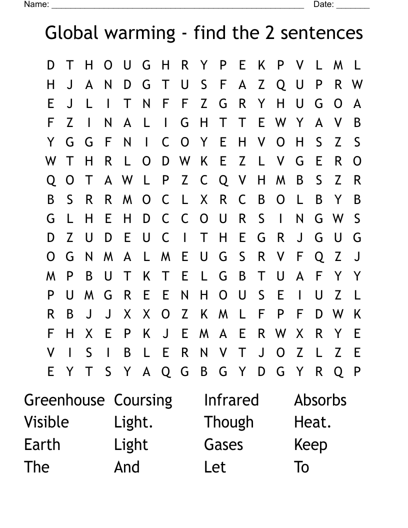 Global warming - find the 2  sentences Word Search