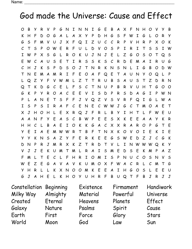 God made the Universe: Cause and Effect Word Search