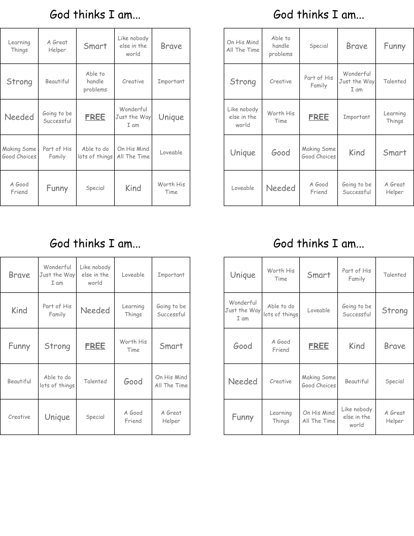 God thinks I am... Bingo Cards
