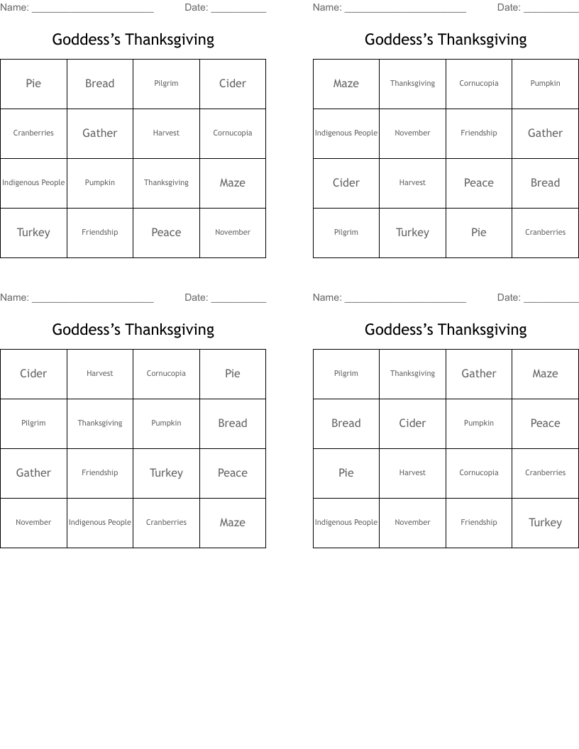 Goddess’s Thanksgiving  Bingo Cards