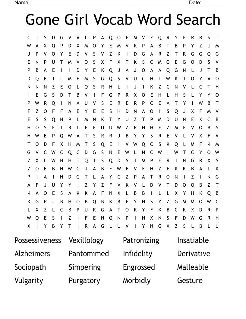 Gone Girl Vocab Word Search