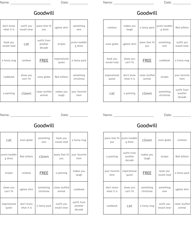 Goodwill Bingo Cards