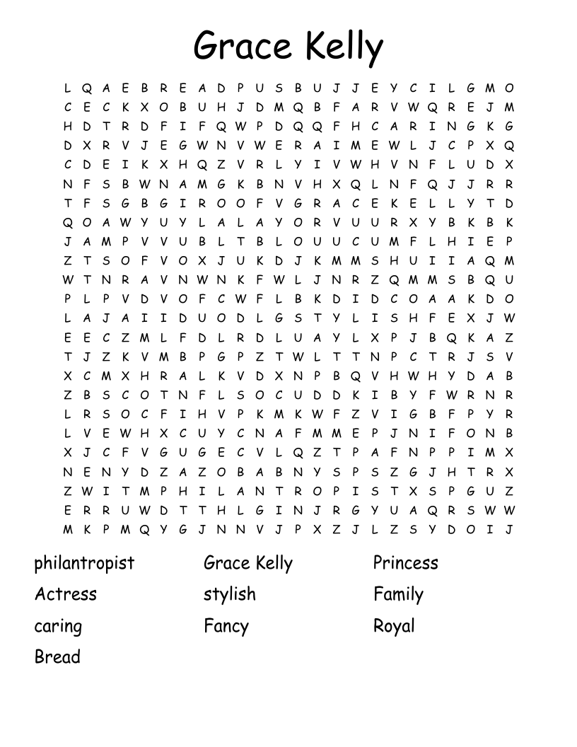 Grace Kelly Word Search