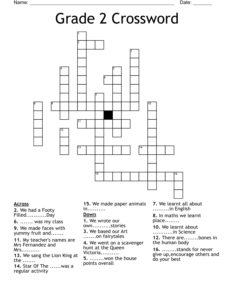 Crossword Puzzles For 2nd Graders
