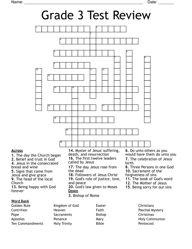 Grade 3 Test Review Crossword