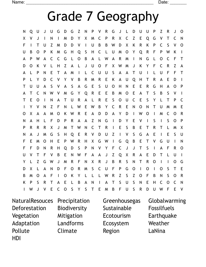Grade 7 Geography Word Search WordMint