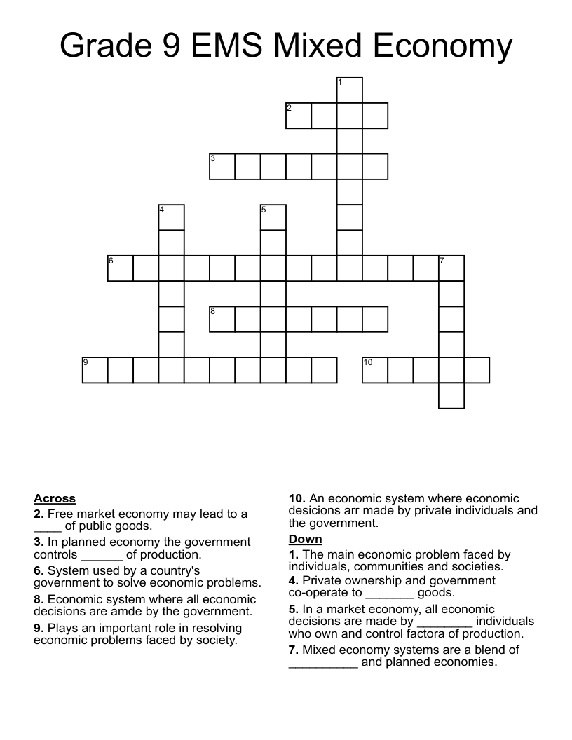 Grade 9 EMS Mixed Economy Crossword WordMint