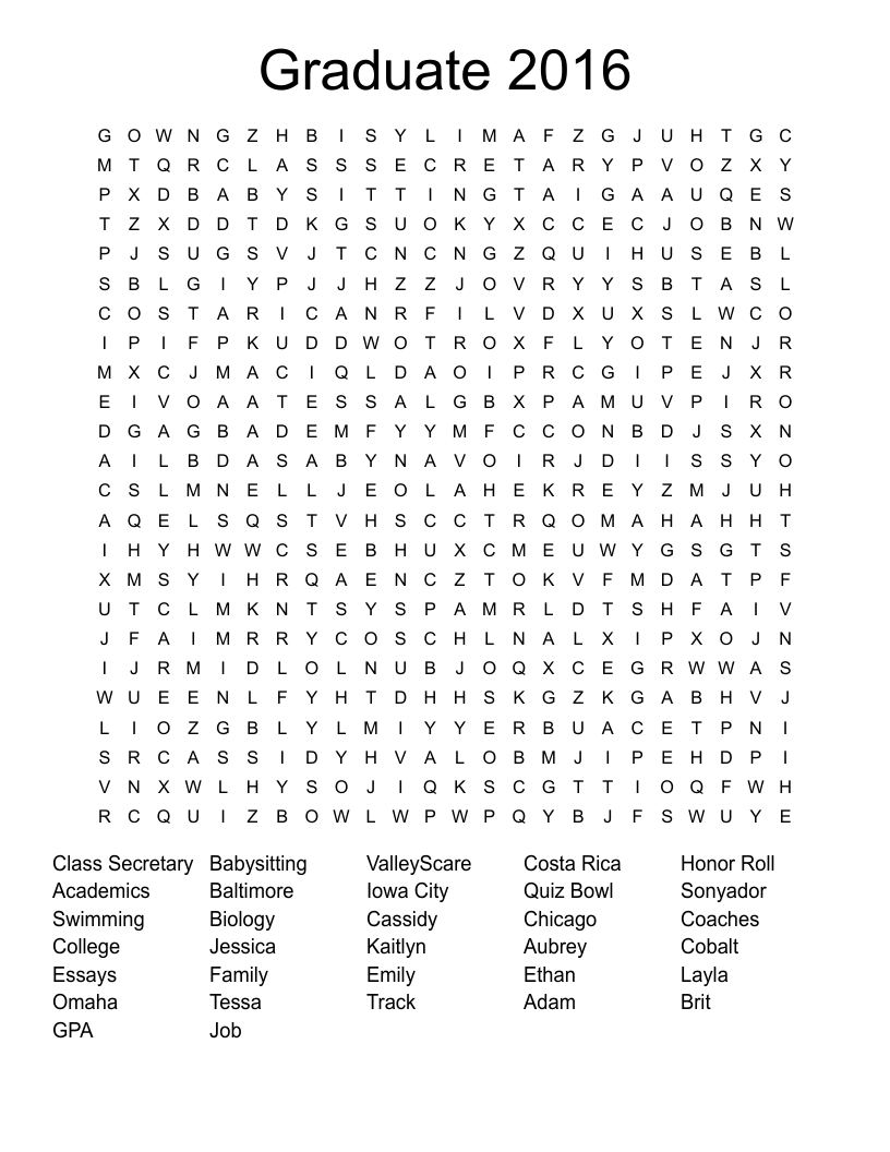 Graduate 2016 Word Search