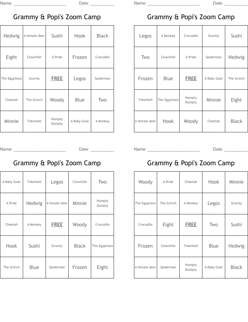 Grammy & Popi's Zoom Camp Bingo Cards