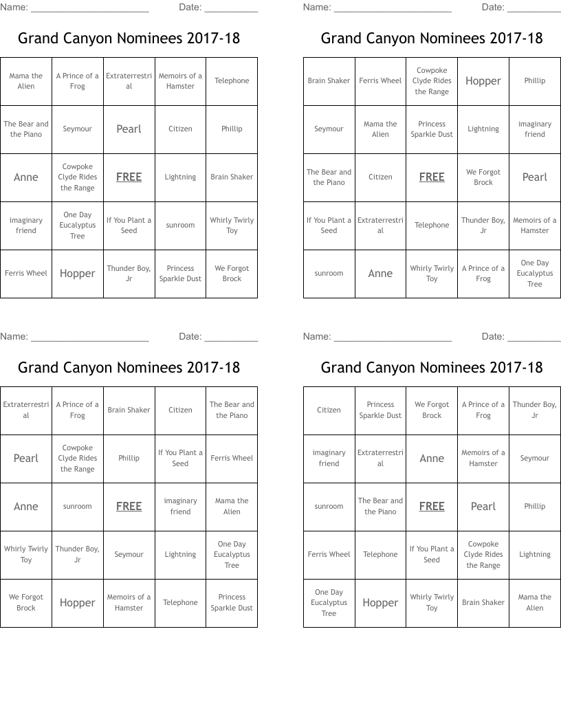 Grand Canyon Nominees 2017-18 Bingo Cards