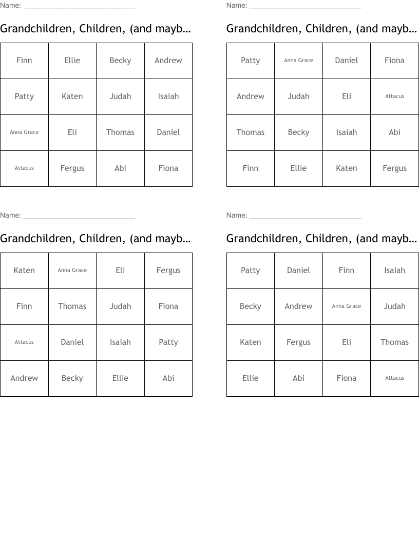 Grandchildren, Children, (and maybe some granddogs) Bingo Cards