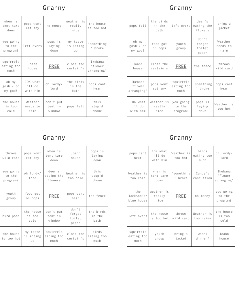 Granny Bingo Cards