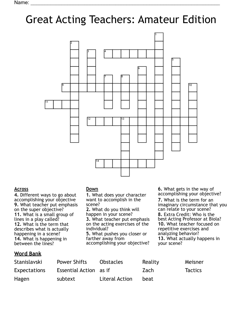 Great Acting Teachers: Amateur Edition Crossword