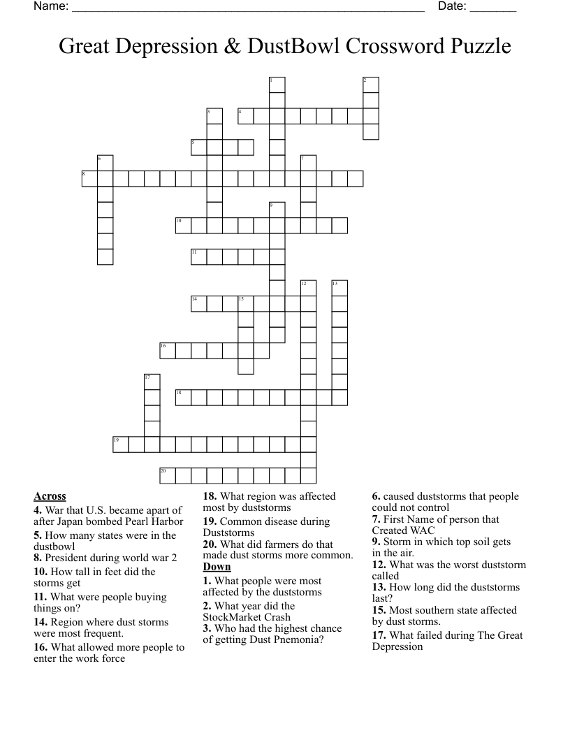 Great Depression DustBowl Crossword Puzzle WordMint