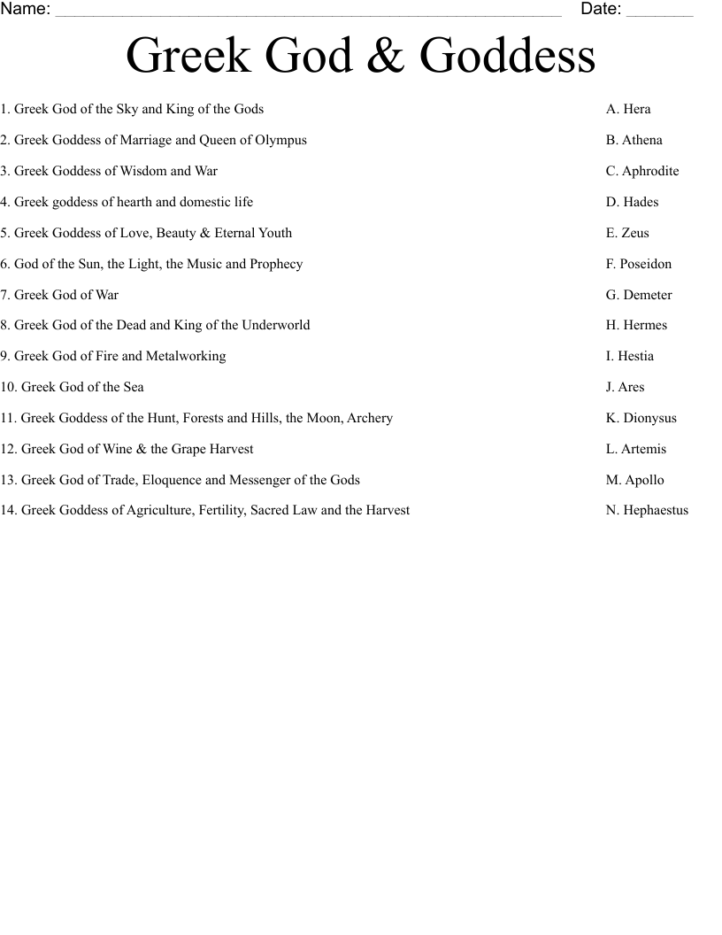 Greek God & Goddess Worksheet - WordMint