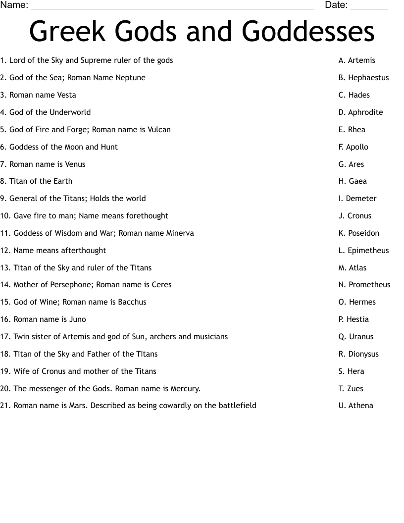 Greek Gods And Goddesses Worksheet WordMint