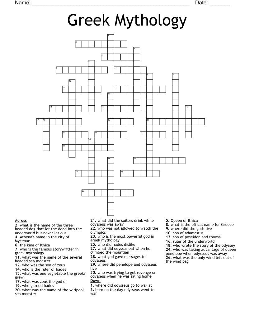 Greek Mythology Crossword Puzzle Printables Printables Worksheets 