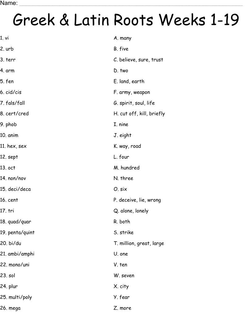 Greek & Latin Roots Weeks 1-19 Worksheet - WordMint