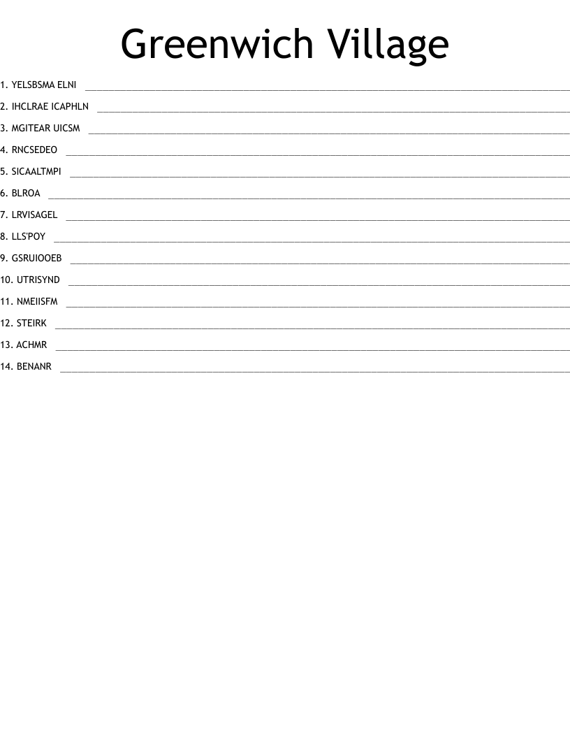 Greenwich Village Word Scramble