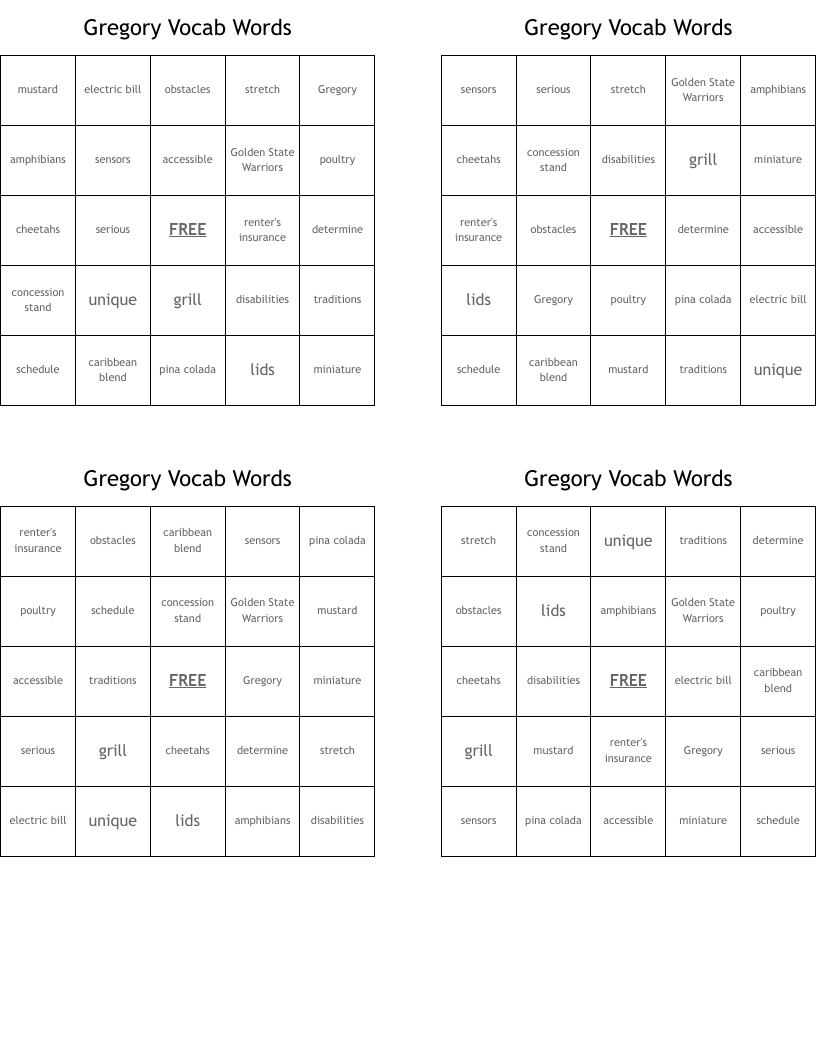 Gregory Vocab Words Bingo Cards