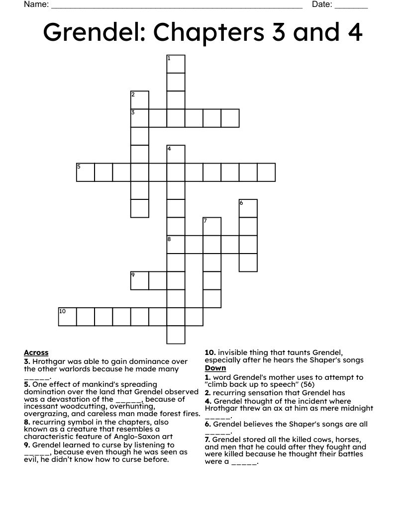 Grendel: Chapters 3 and 4 Crossword
